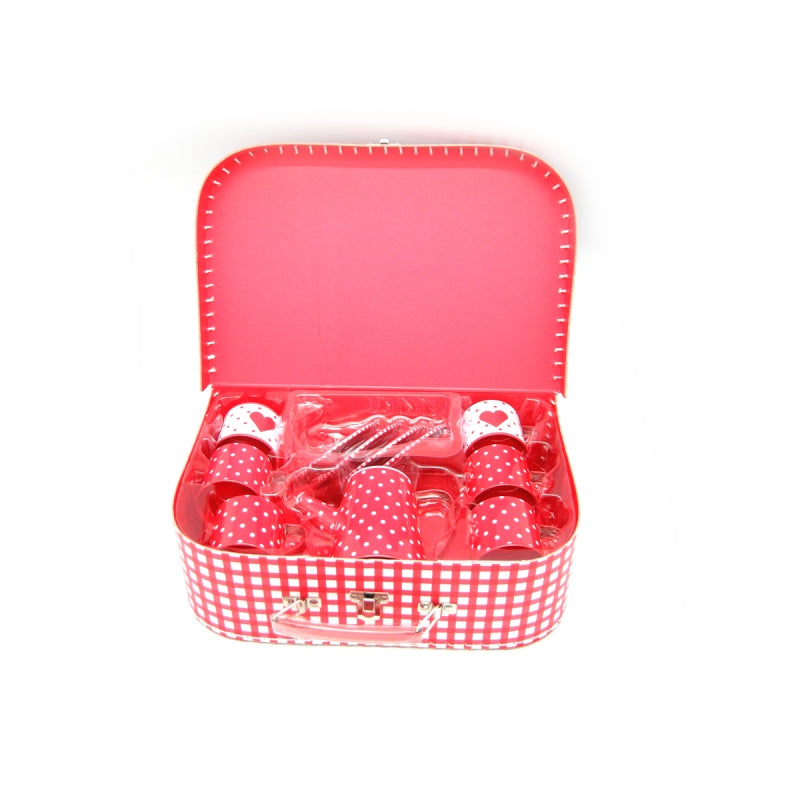 Red Polka Dot Tin Tea Set in Suitcase