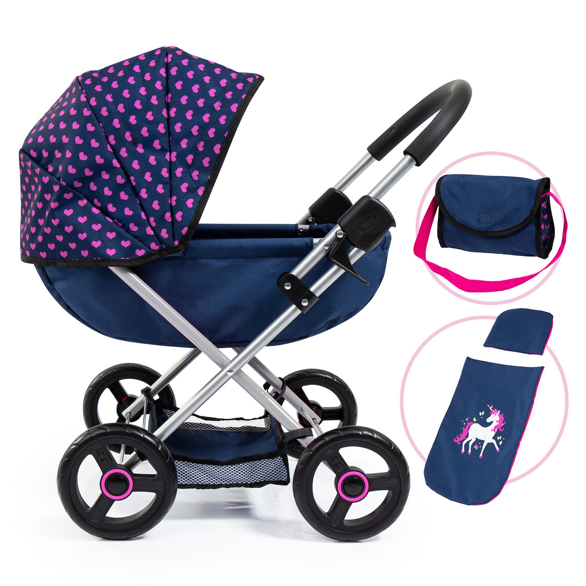 Cosy Doll Pram Dark Blue with Pink Hearts