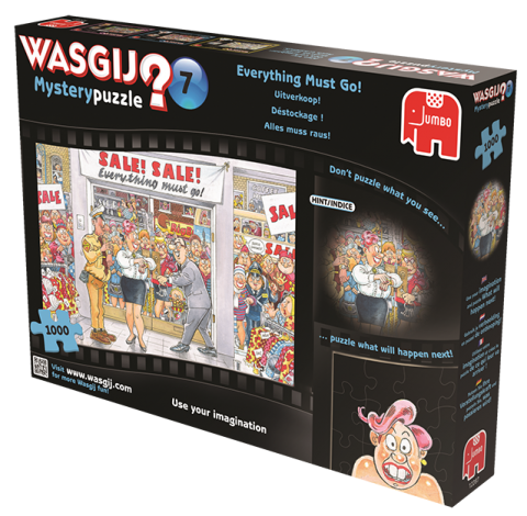 A boxed WASGIJ 7 Mystery puzzle depicting a chaotic sale scene with people and signage, indicating it is a 1000 piece puzzle.