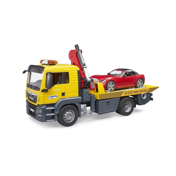 MAN TGS Tow Truck with Roadster and Light and Sound 1 16 Bruder