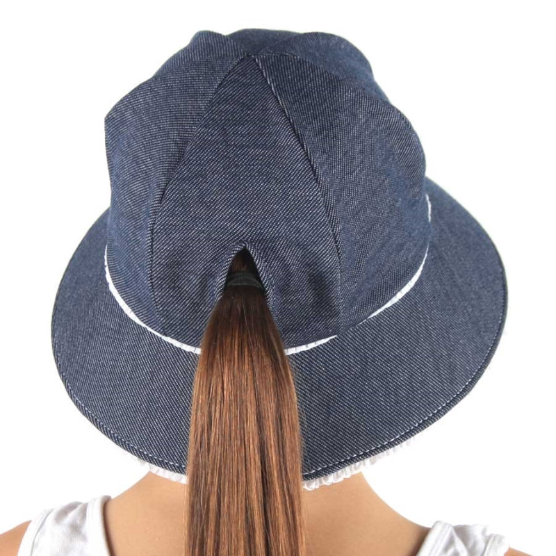 Denim Ruffle Trim Ponytail Bucket Hat - Bedhead Hats
