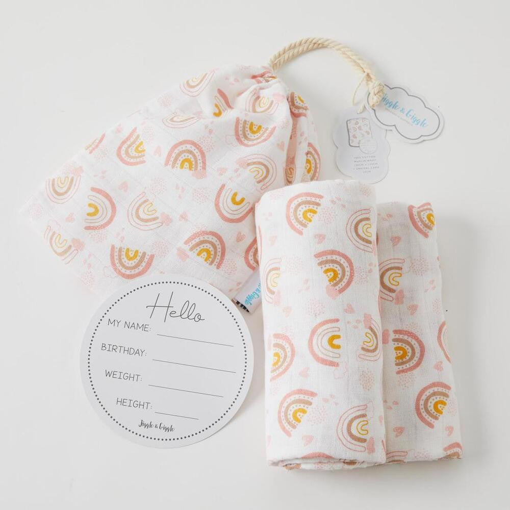 Rainbow Muslin Wrap and Arrival Card - Jiggle and Giggle