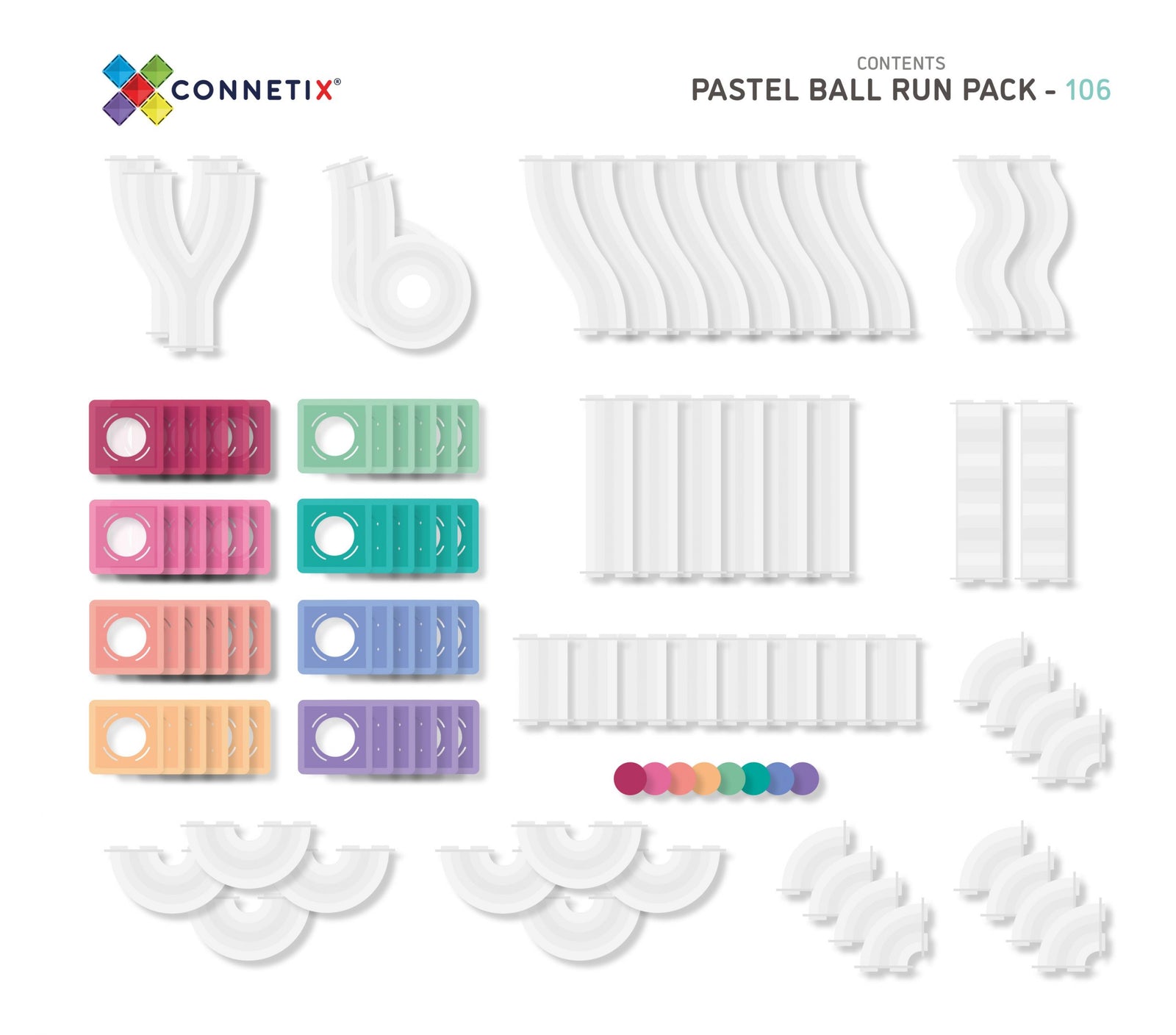 Pastel Ball Marble Run Pack 106pc Magnetic Tiles - Connetix