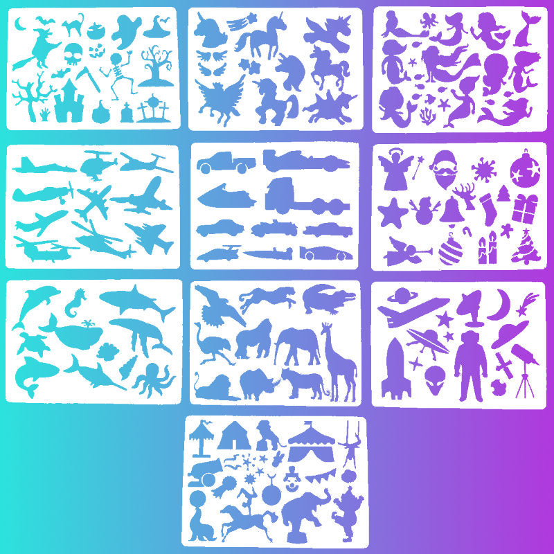 Stencils Pack Animals Vehicles, Unicorns, Circus &amp; More 10 Sheets - Life of Colour