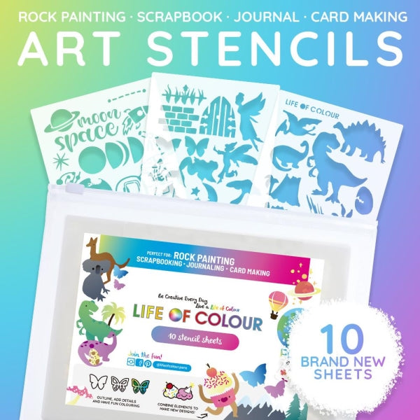 Rock Painting Stencils Dinos Aussie Animals &amp; more 10 Sheets - Life of Colour